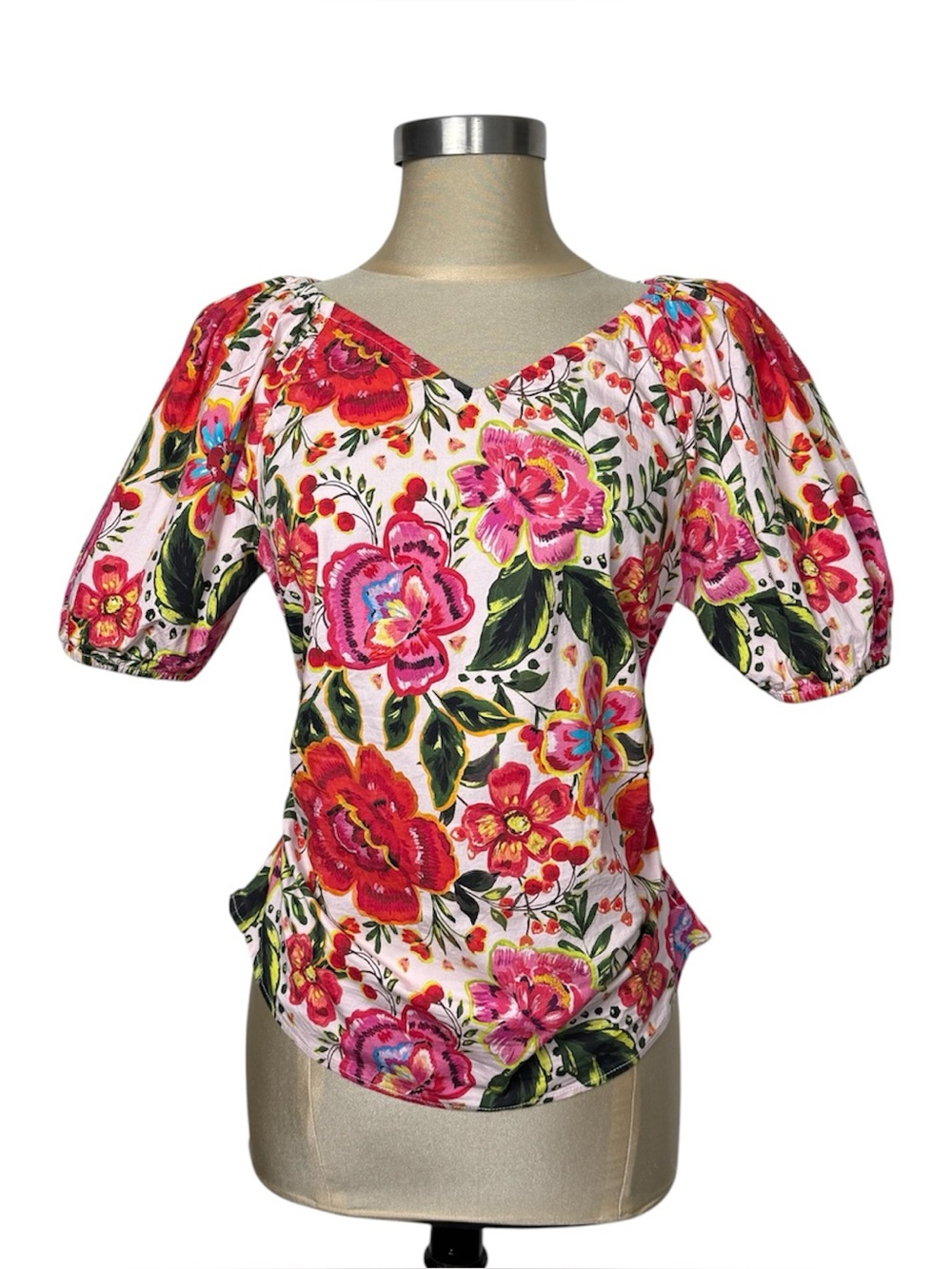 Leota Floral Puff Sleeve Keyhole‎ Back Top XL Cotton Stretch